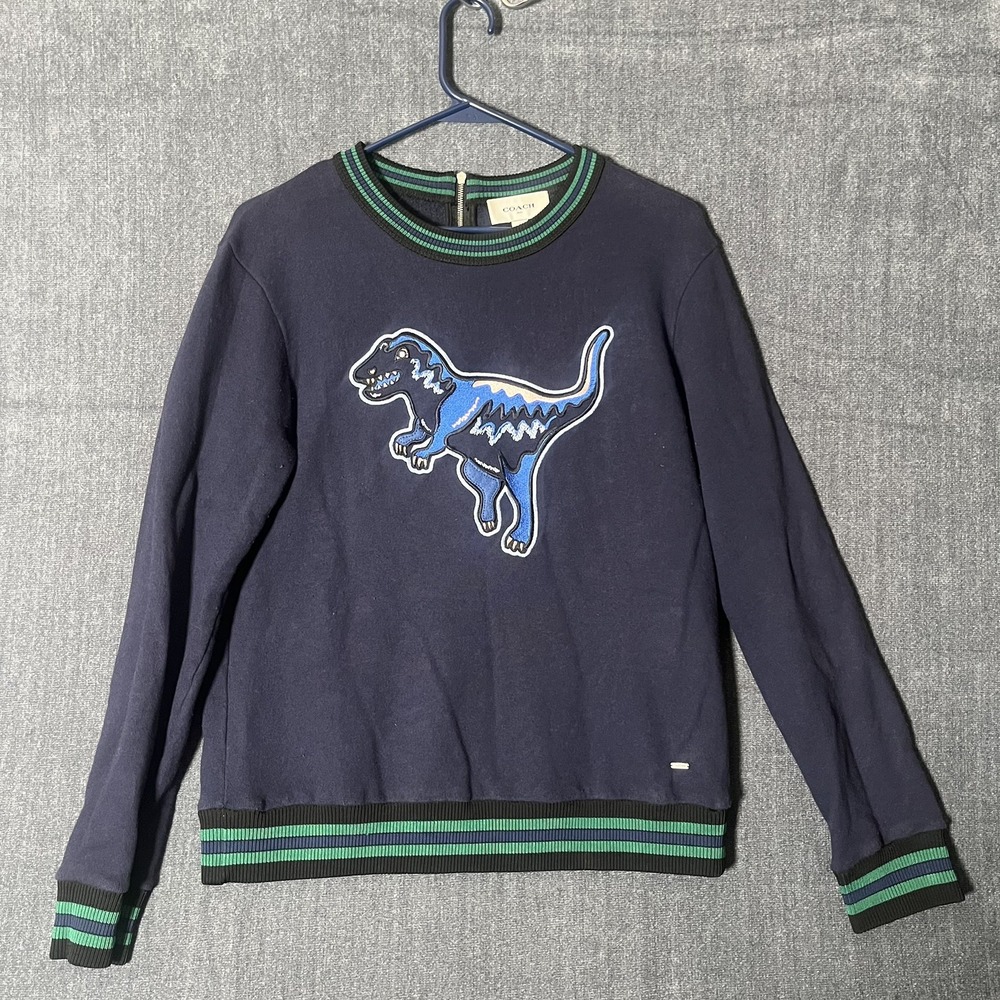 COACH 1941 Women's S Small Rexy Dinosaur Varsity Sweatshirt Navy Blue Zip Back